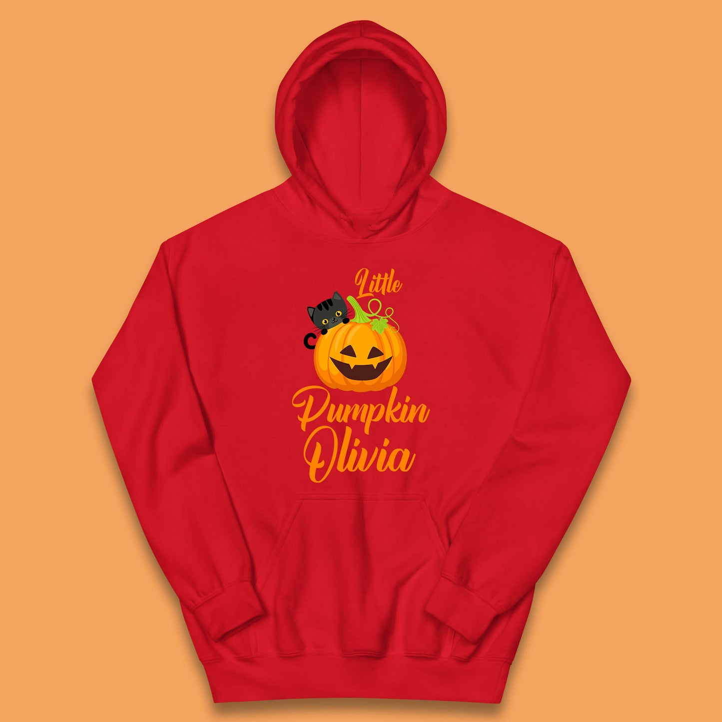 Personalised Little Pumpkin Your Name Black Cat Witch On Pumpkin Kids Hoodie