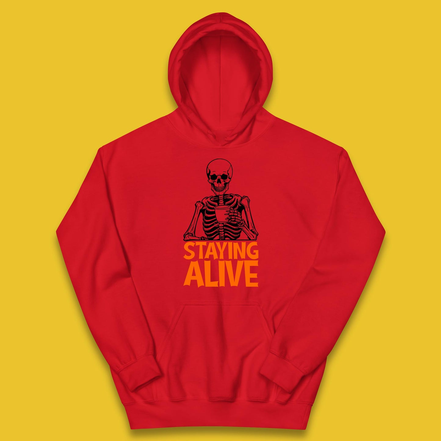 Staying Alive Funny Skeleton Trendy Coffee Halloween Skull Vintage Coffee Lovers Kids Hoodie