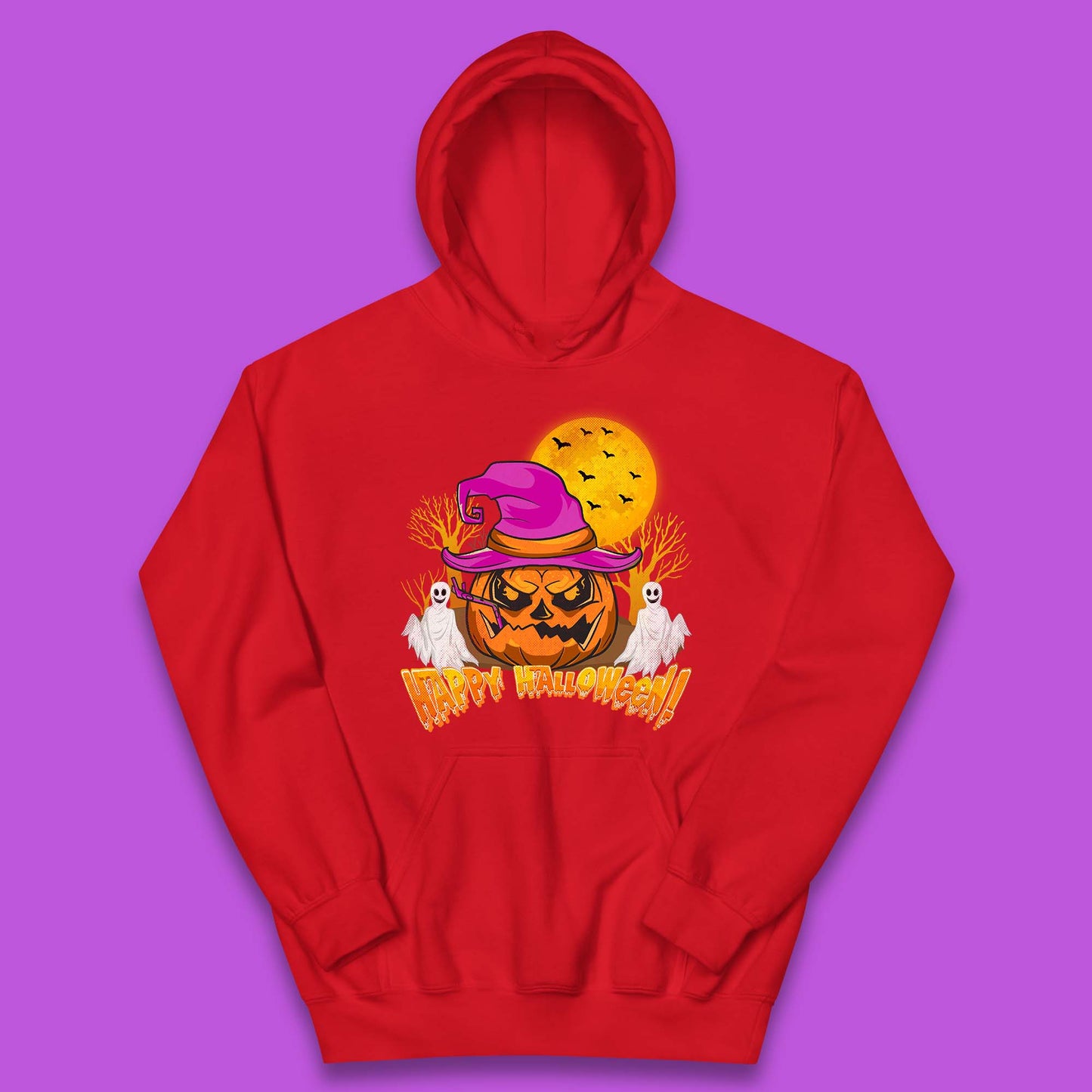 Happy Halloween Pumpkin Witch Hat Jack-o'-lantern With Full Moon Flying Bats Horror Scary Boo Ghost Kids Hoodie