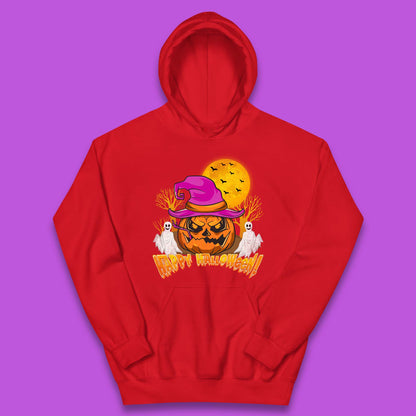 Happy Halloween Pumpkin Witch Hat Jack-o'-lantern With Full Moon Flying Bats Horror Scary Boo Ghost Kids Hoodie