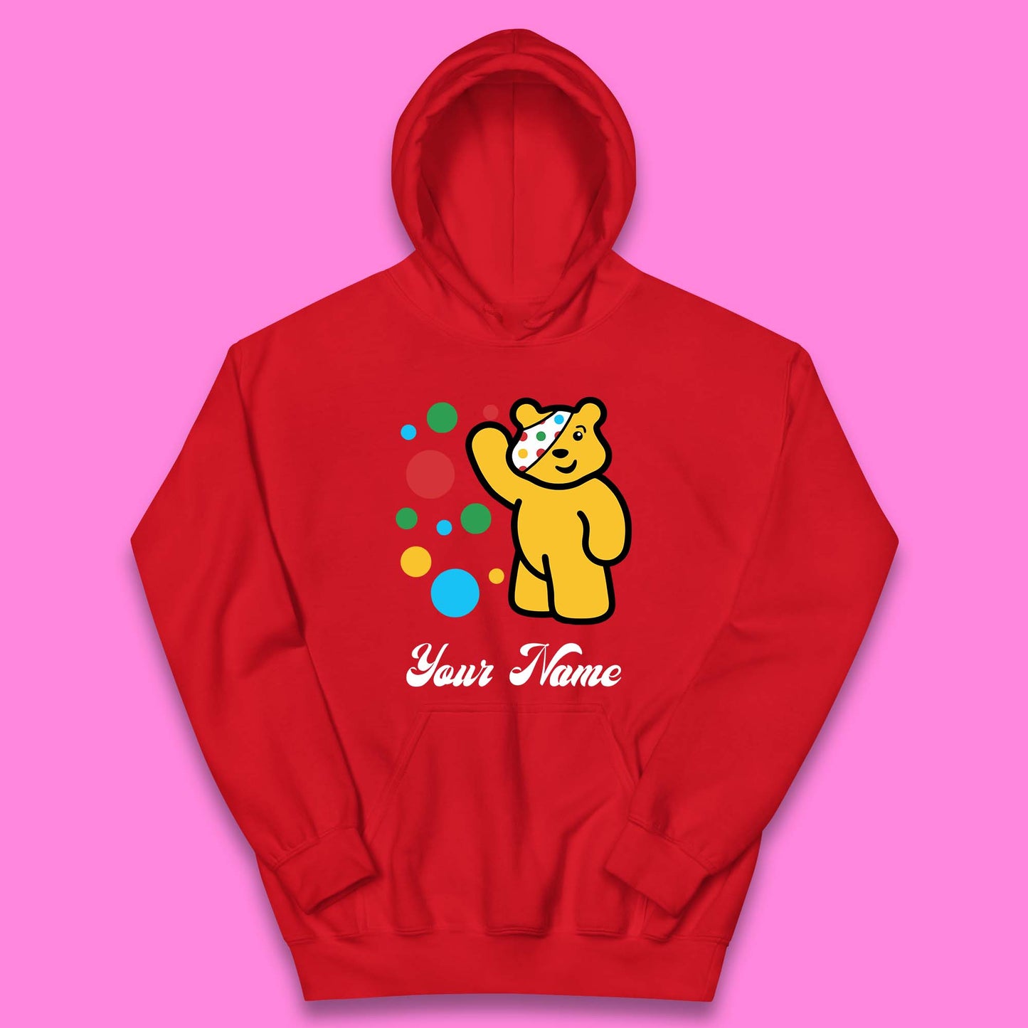 Personalised Spotty Pudsey Bear Hand Waving Dotty Spot Your Name Fundraising Spotty Bear Spotty Day Kids Hoodie