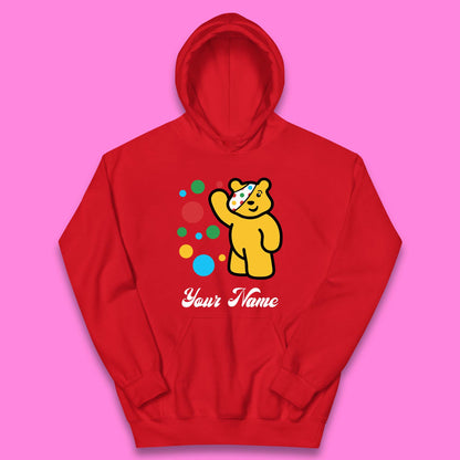 Personalised Spotty Pudsey Bear Hand Waving Dotty Spot Your Name Fundraising Spotty Bear Spotty Day Kids Hoodie
