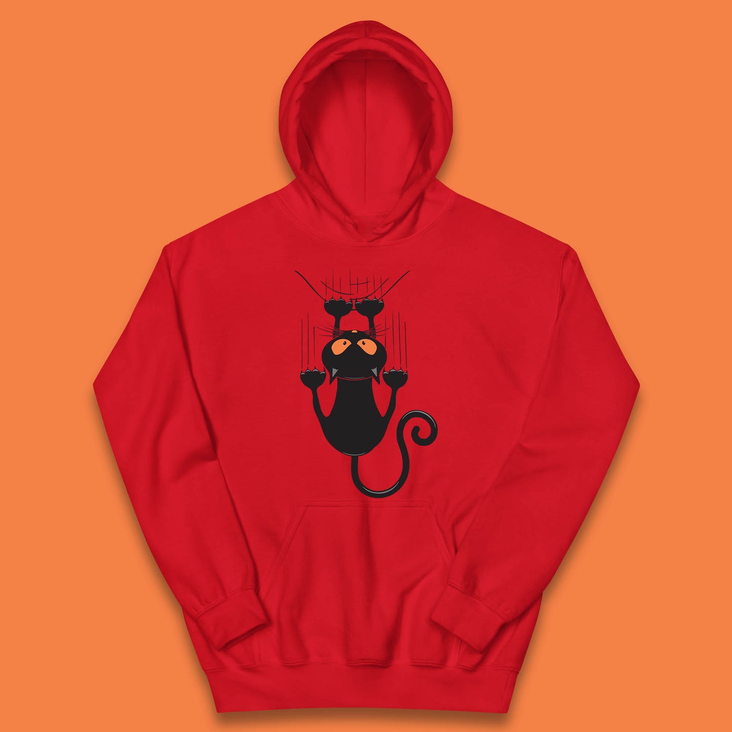 Black Cat Cartoon Scratching Climbing Wall Halloween Horror Scary Black Cat Spooky Season Kids Hoodie