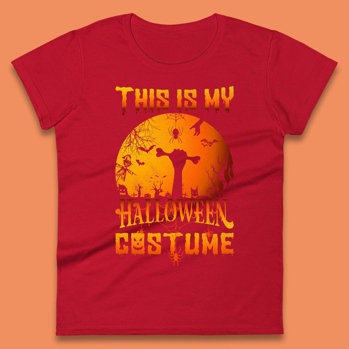 This Is My Halloween Costume Zombie Hand Rising Out Of A Graveyard & Holding Bone In Spooky Night Womens Tee Top