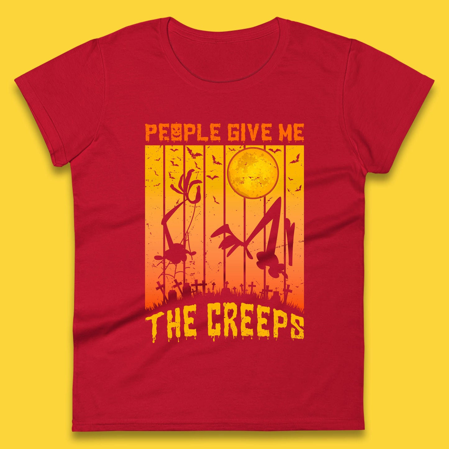 People Give Me The Creep Halloween Horror Scary Graveyards Full moon Flying Bats Womens Tee Top