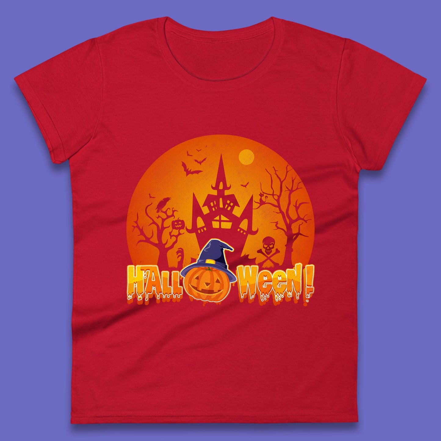 Halloween Pumpkin Witch Hat Haunted Castle Flying Bats Skull Bones Scary Dark Night Womens Tee Top