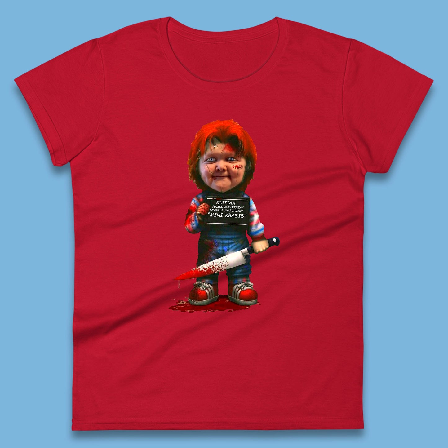 Chucky Mug Shot Russian Police Dept Hasbulla Magomedov Chucky Mini Khabib Inspired Halloween Horror Movie Good Guy Chucky Womens Tee Top