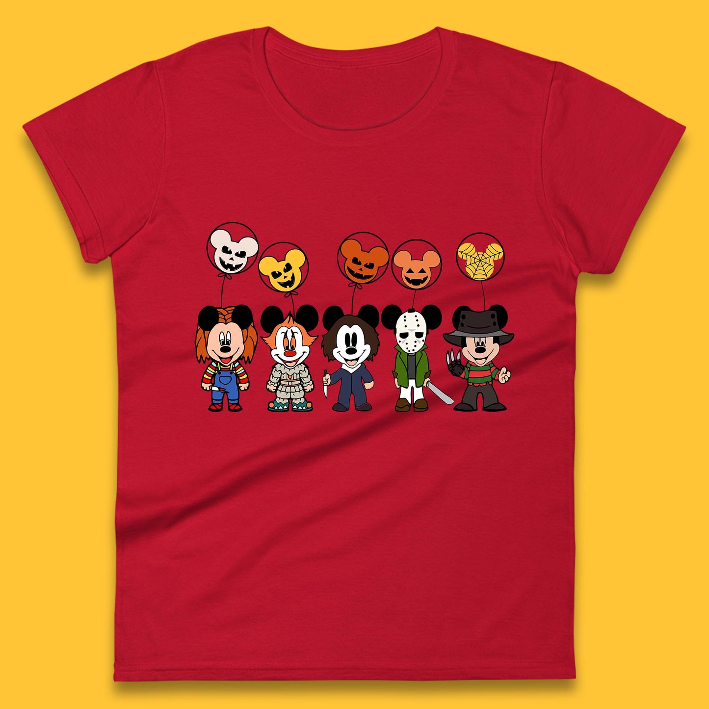 Disney Halloween Friends Horror Movie Characters Mickey Mouse Balloons Womens Tee Top