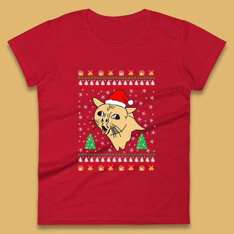 Coughing Cat Meme Ugly Christmas Funny Xmas Cat Coughing & Tongue Out Womens Tee Top