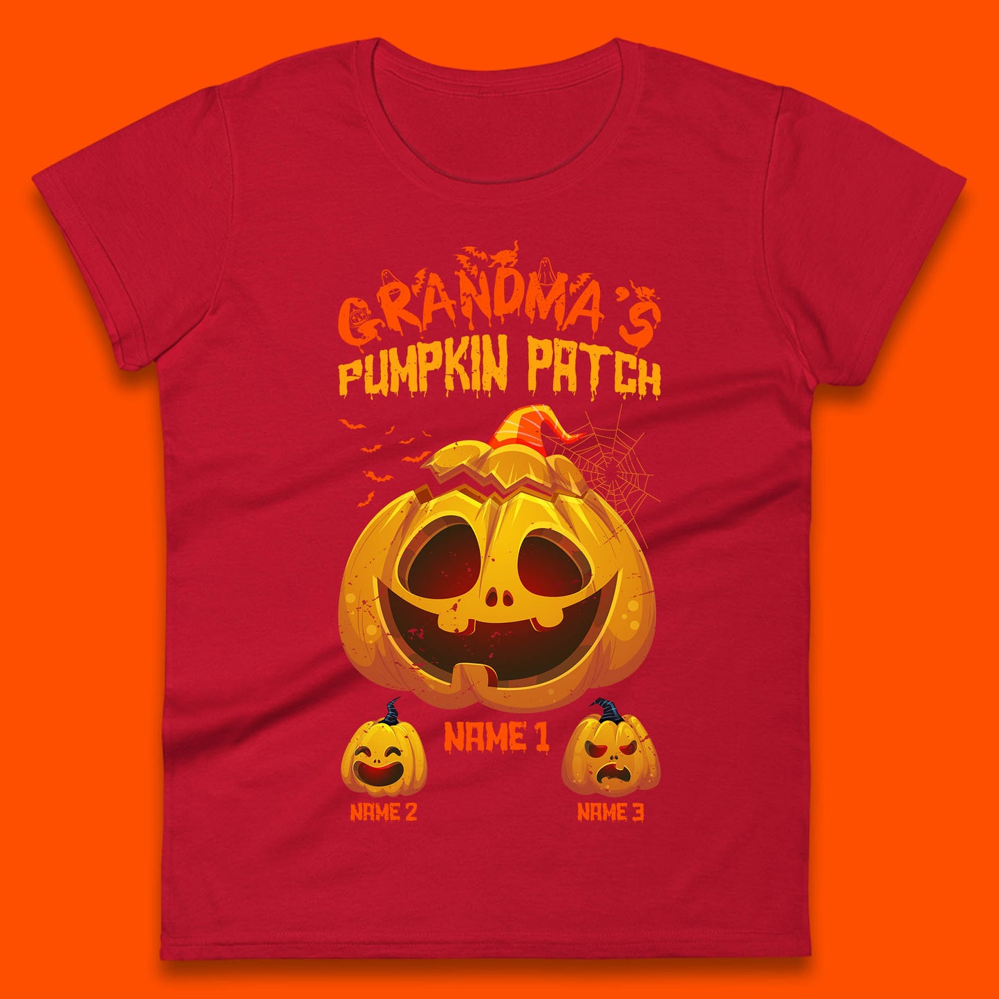 Personalised Grandma's Pumpkin Patch Halloween Grandma Pumpkin With Grandkid Names Gift Womens Tee Top