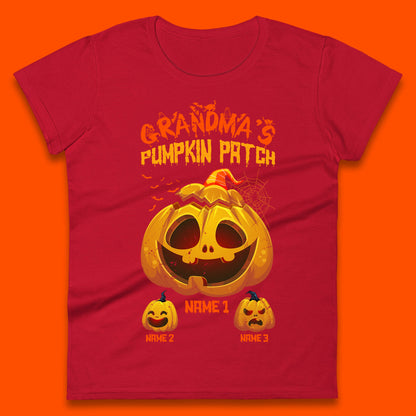 Personalised Grandma's Pumpkin Patch Halloween Grandma Pumpkin With Grandkid Names Gift Womens Tee Top