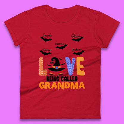 Personalised Love Being Called Grandma Your Name Halloween Grandma Witch Hat With Grandkids Names  Womens Tee Top