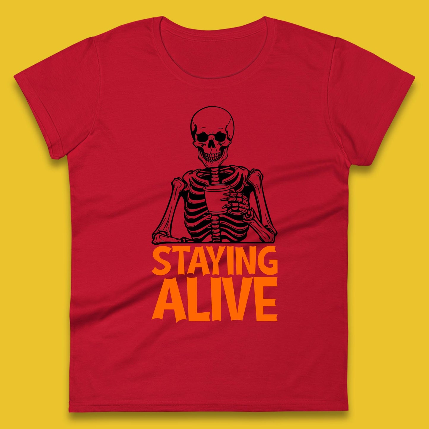 Staying Alive Funny Skeleton Trendy Coffee Halloween Skull Vintage Coffee Lovers Womens Tee Top