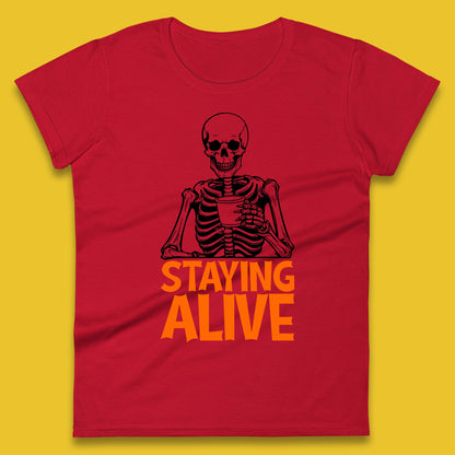 Staying Alive Funny Skeleton Trendy Coffee Halloween Skull Vintage Coffee Lovers Womens Tee Top