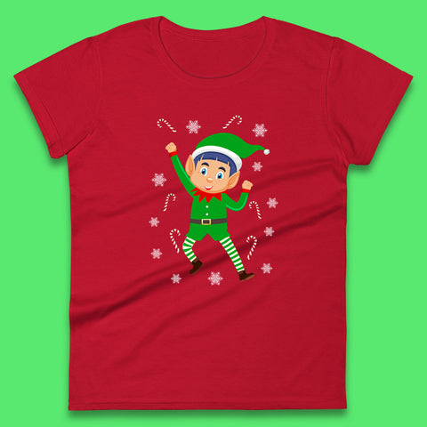 Christmas Elf Cartoon Character Happy Christmas Party Candy Cane Xmas Womens Tee Top