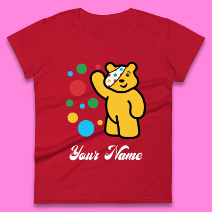 Personalised Spotty Pudsey Bear Hand Waving Dotty Spot Your Name Fundraising Spotty Bear Spotty Day Womens Tee Top