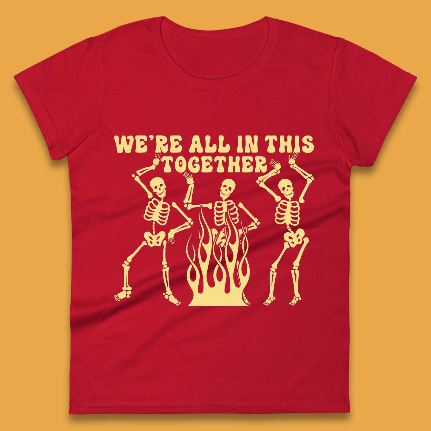 We're All In This Together Dancing Skeletons Halloween Day Spooky Season Womens Tee Top
