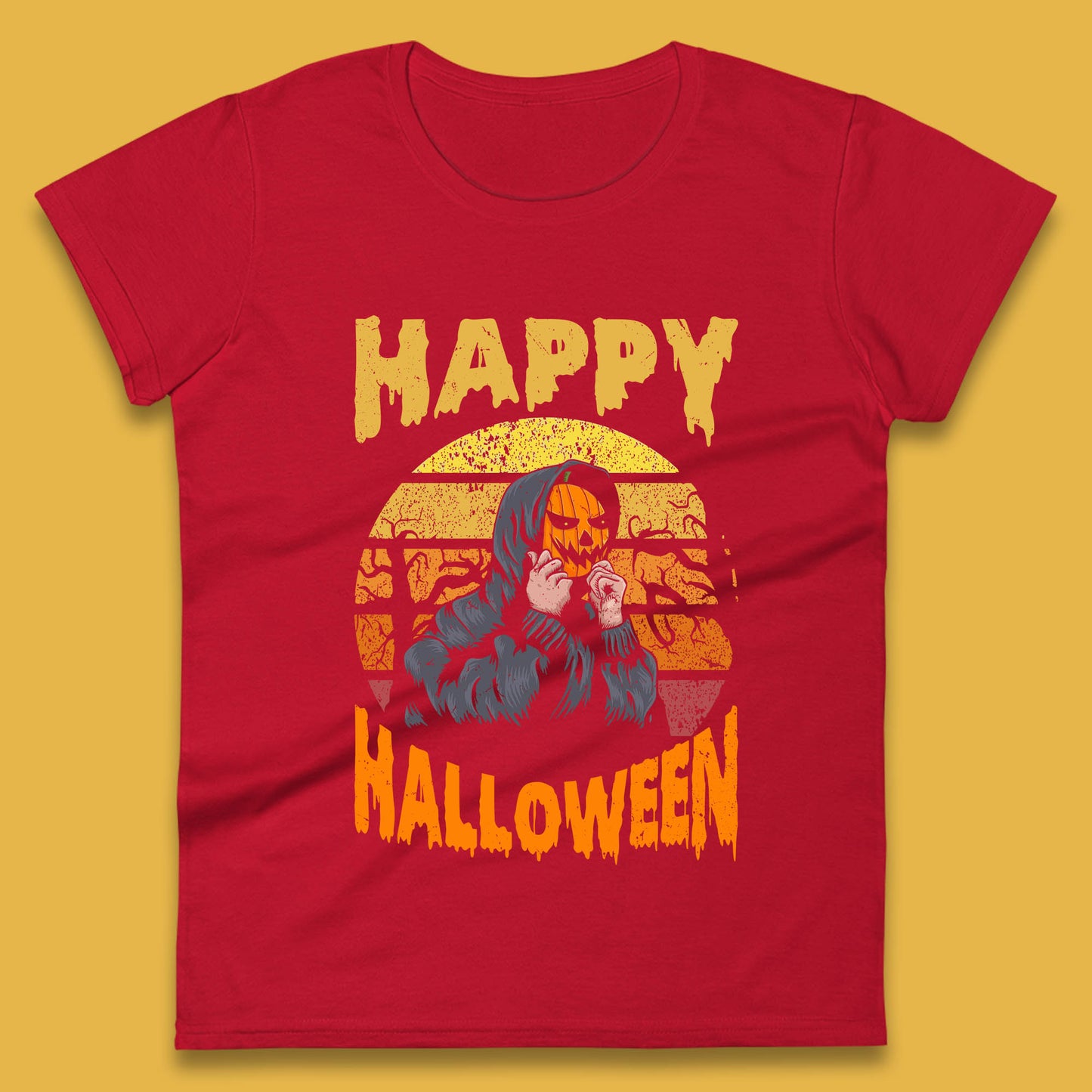 Happy Halloween Jack O Lantern Pumpkin Head Horror Scary Vintage Retro Halloween Womens Tee Top