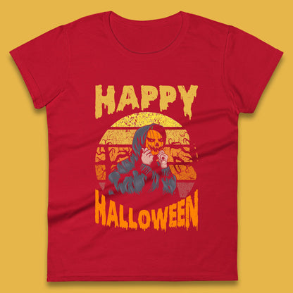 Happy Halloween Jack O Lantern Pumpkin Head Horror Scary Vintage Retro Halloween Womens Tee Top