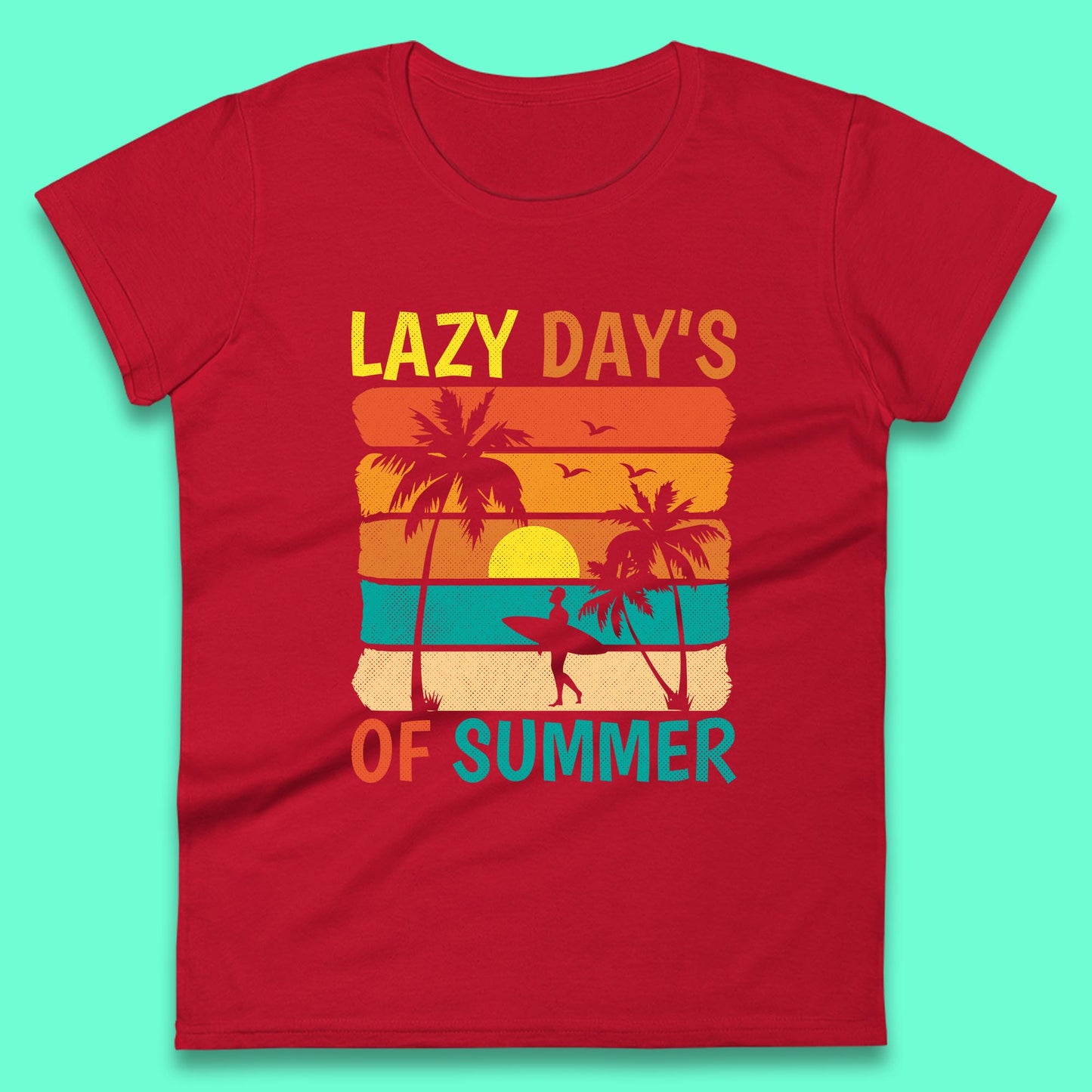 Lazy Days Of Summer Vintage Retro Sunset Surfer Beach Palm Trees Womens Tee Top