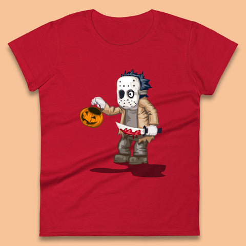Chibi Jason Voorhees Holding Bloody Knife And Pumpkin Bucket Halloween Friday The 13th Horror Movie Womens Tee Top