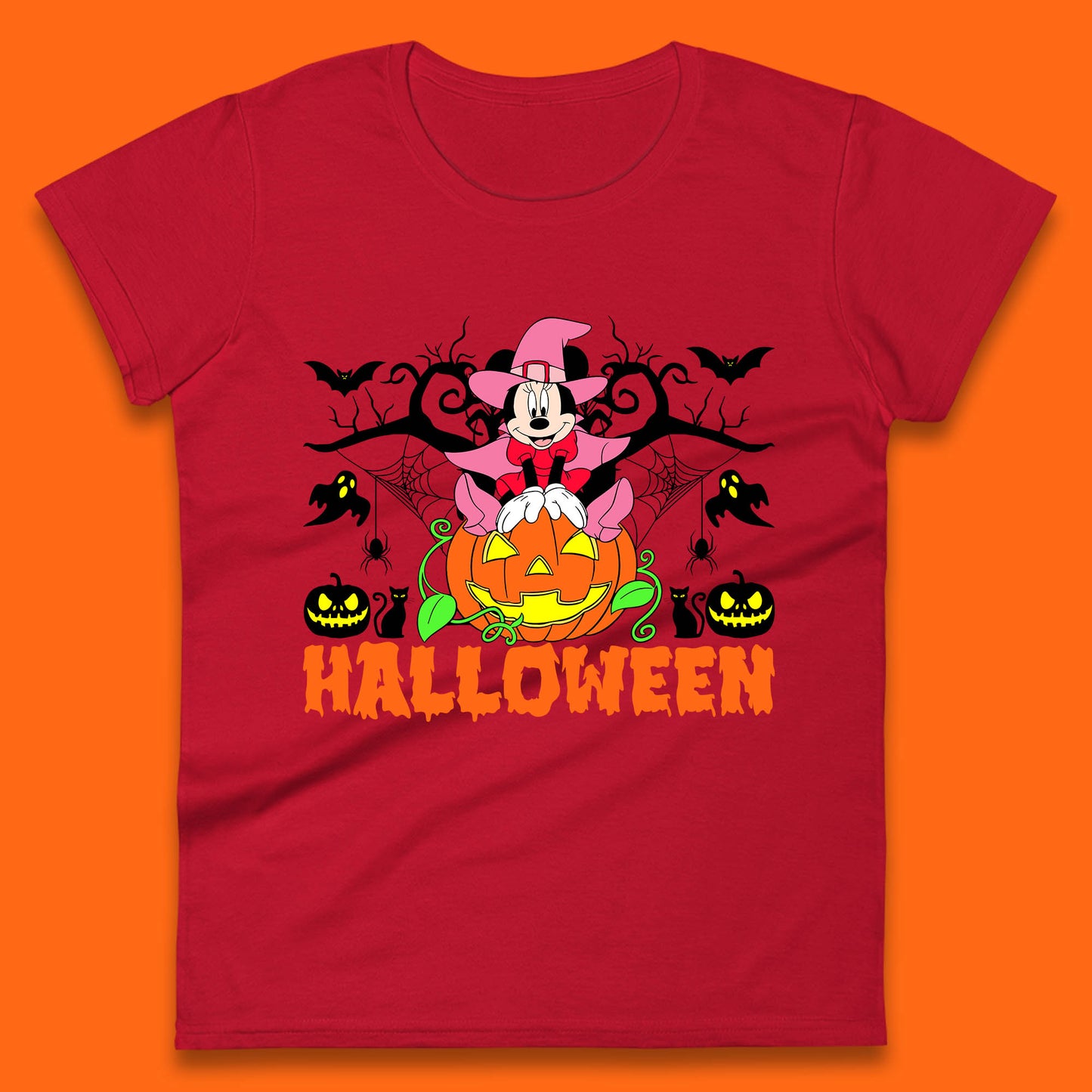 Disney Halloween Witch Minnie Mouse Sitting On Pumpkin Horror Scary Disneyland Trip Costume Womens Tee Top