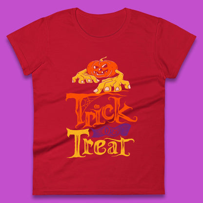 Halloween Trick Or Treat Horror Scary Evil Pumpkin With Zombie Hands Womens Tee Top