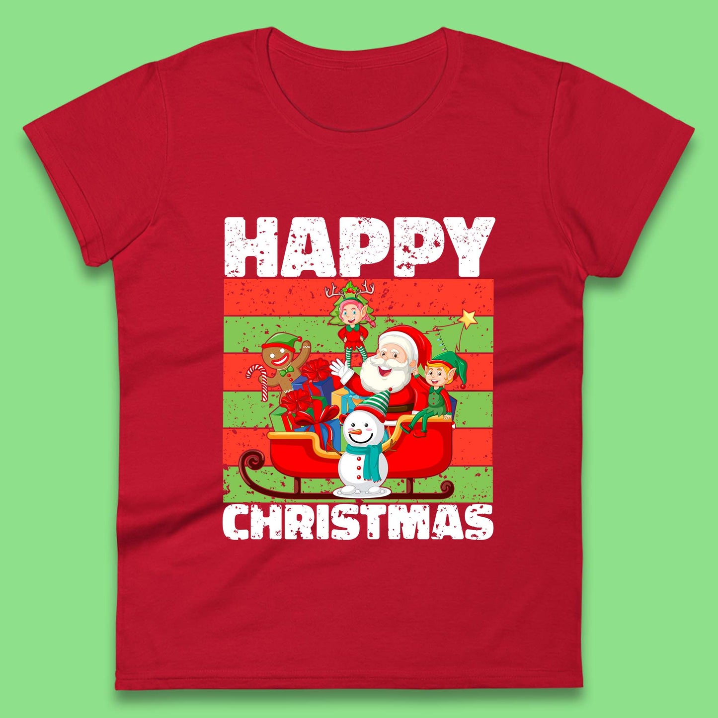 santa and friends on sleigh christmas womens t shirt