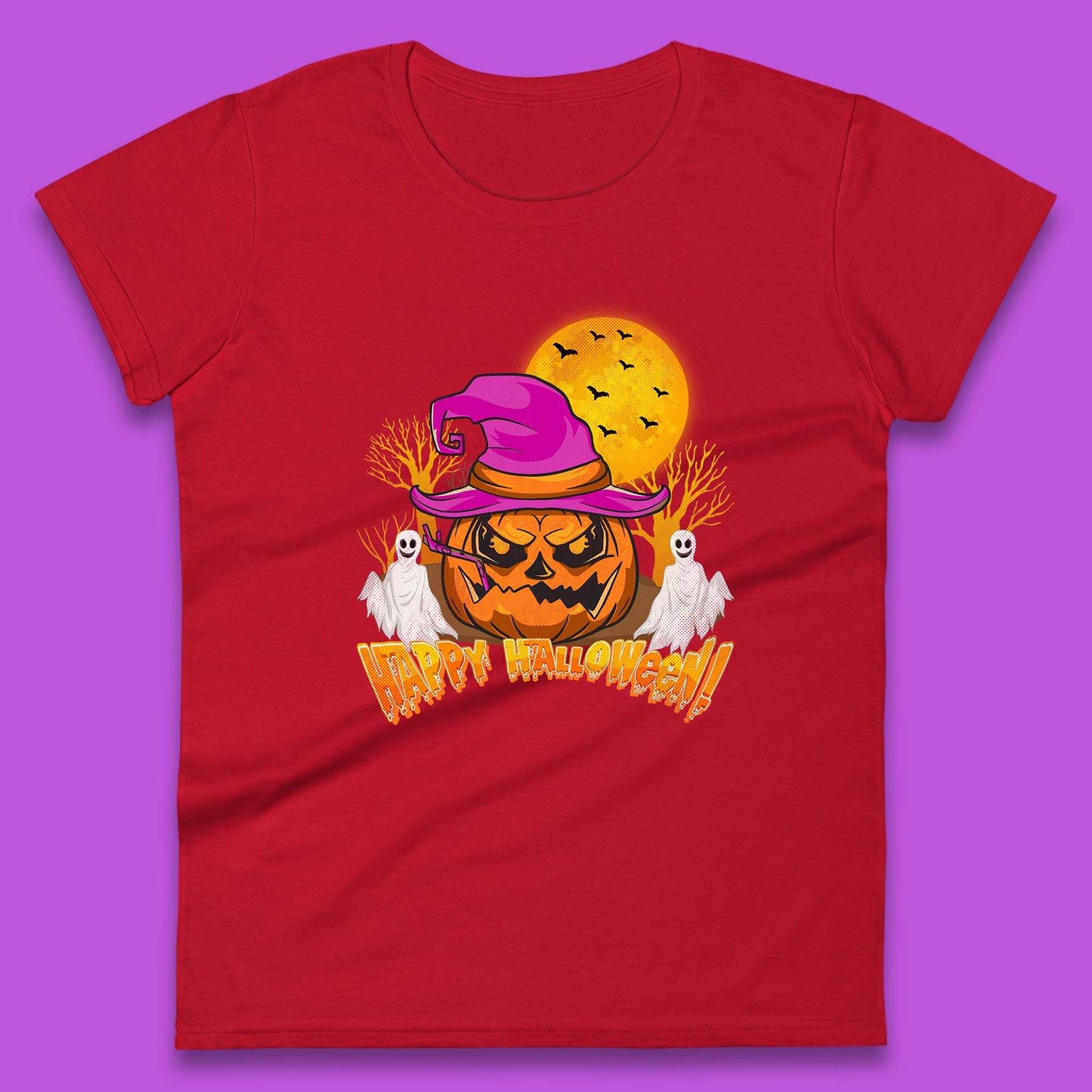 Happy Halloween Pumpkin Witch Hat Jack-o'-lantern With Full Moon Flying Bats Horror Scary Boo Ghost Womens Tee Top