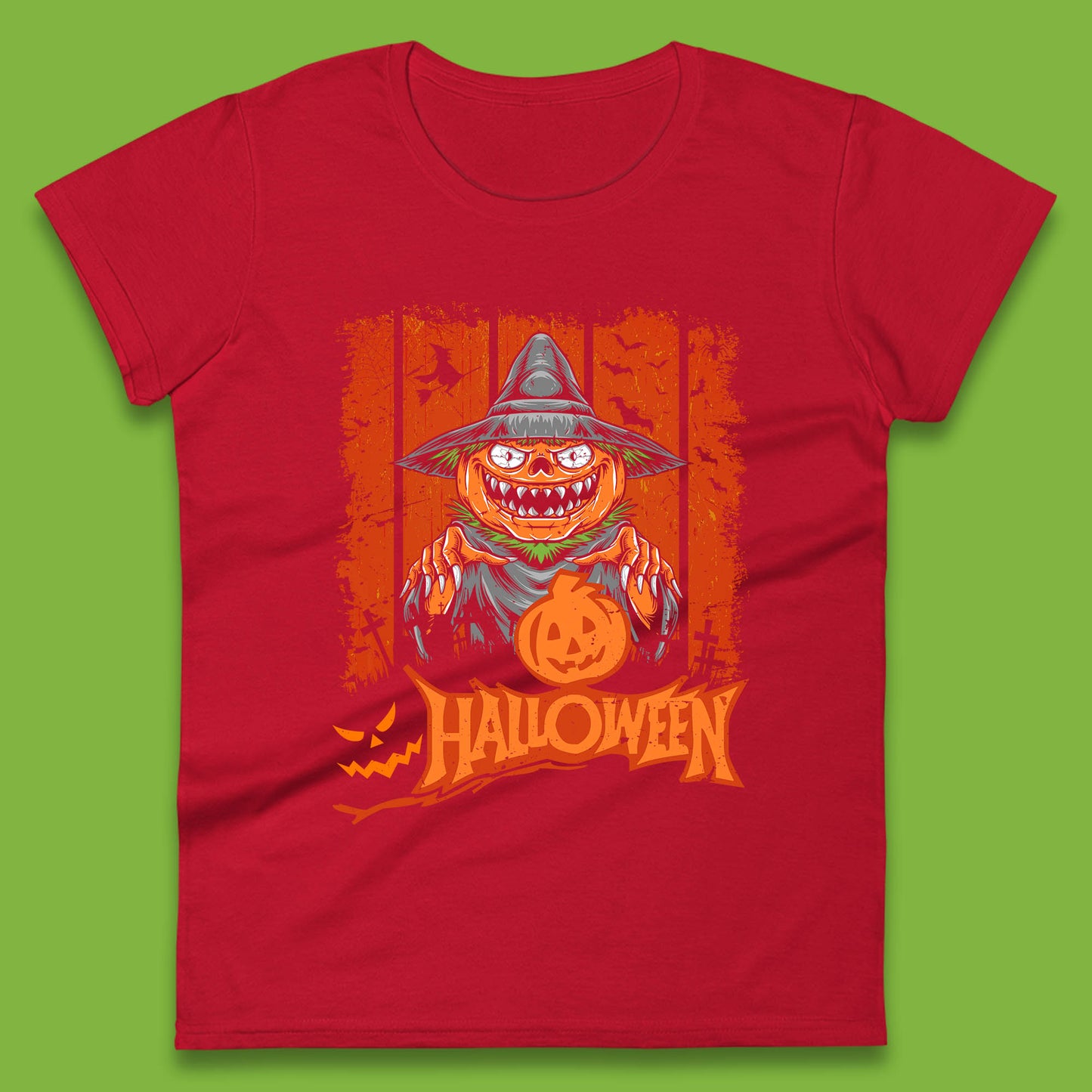 Halloween Pumpkin Head Scarecrow Jack O Lantern Pumpkin Head Horror Scary Vintage Retro Womens Tee Top