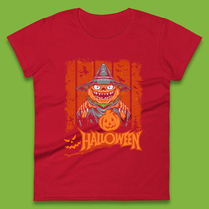 Halloween Pumpkin Head Scarecrow Jack O Lantern Pumpkin Head Horror Scary Vintage Retro Womens Tee Top
