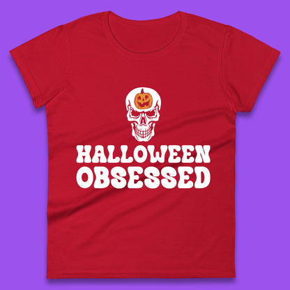 Skull Pumpkin Halloween Obsessed Funny Pumpkin Obsessed Party Spooky Season Womens Tee Top