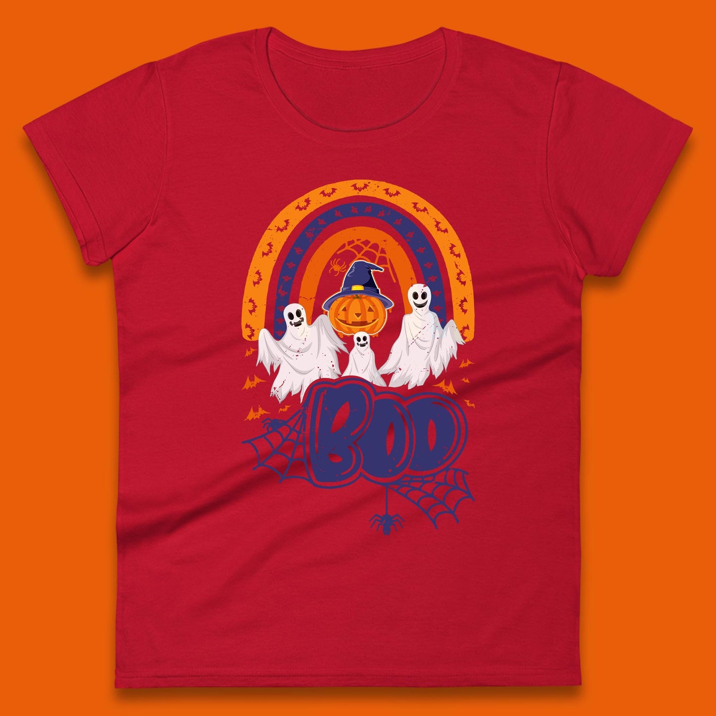Halloween Boo Ghosts With Witch Pumpkin Scary Spooky Season Womens Tee Top