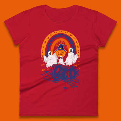 Halloween Boo Ghosts With Witch Pumpkin Scary Spooky Season Womens Tee Top