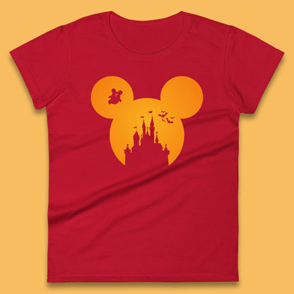 Disney Mickey Mouse Happy Halloween Disney Castle Halloween Scary Boo Flying Bats Womens Tee Top