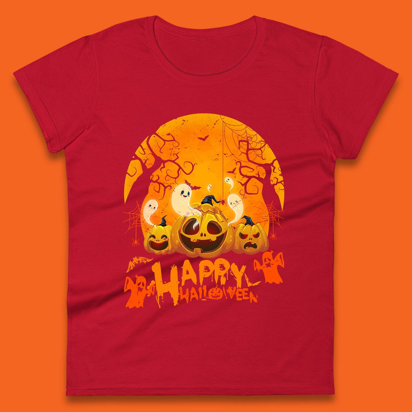 Happy Halloween Jack O Lantern Pumpkins Scary Boo Ghost Haunted Trees Womens Tee Top