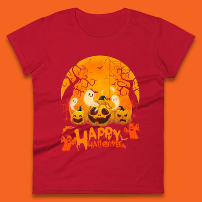 Happy Halloween Jack O Lantern Pumpkins Scary Boo Ghost Haunted Trees Womens Tee Top