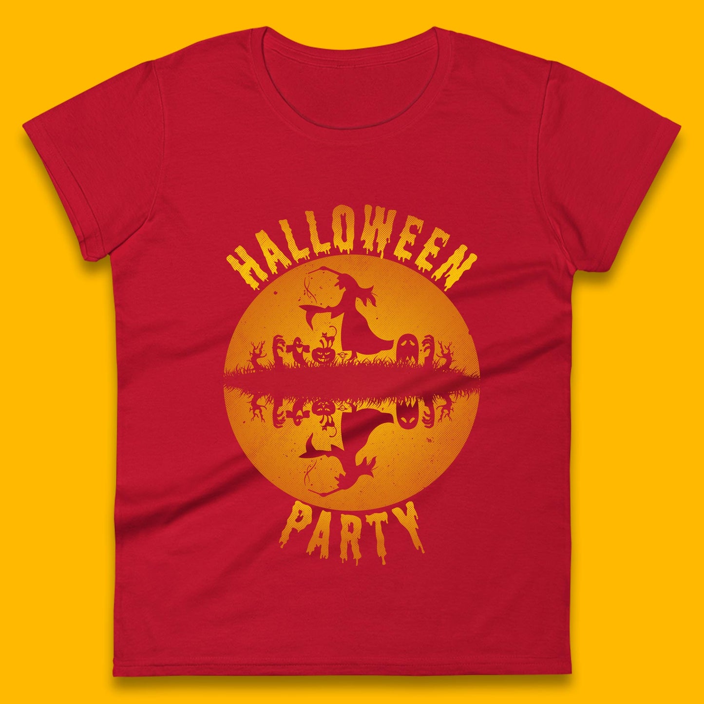 Halloween Party Flying Witch Horror Scary Spooky Season Scary Boo With Full Moon Womens Tee Top