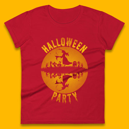 Halloween Party Flying Witch Horror Scary Spooky Season Scary Boo With Full Moon Womens Tee Top