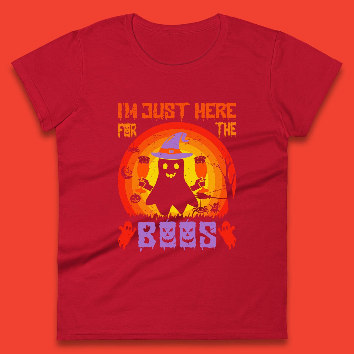 I'm Just Here For The Boos Halloween Boo Ghost Witch Hat Horror Scary Womens Tee Top