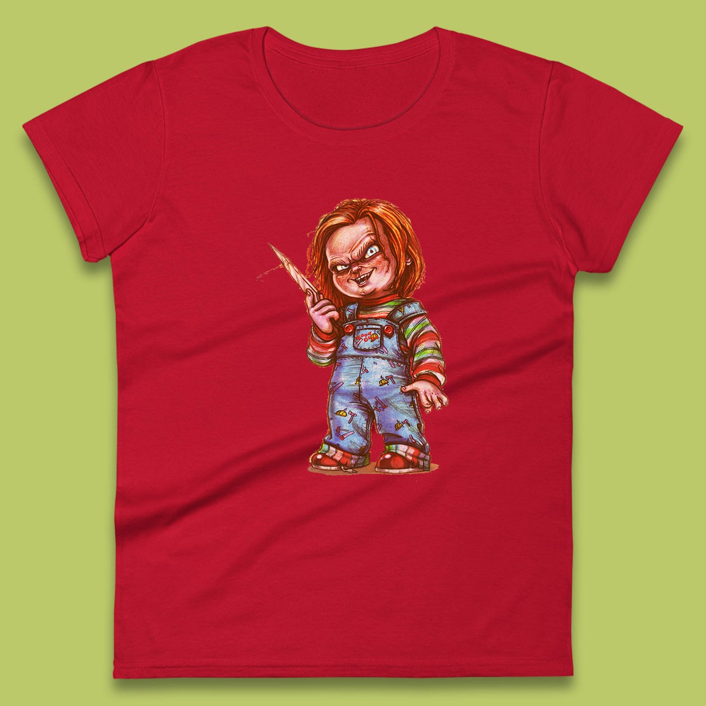 The Horror Movie Character Chucky With Knife Serial Killer Halloween Horror Movie Inspired Chucky Womens Tee Top