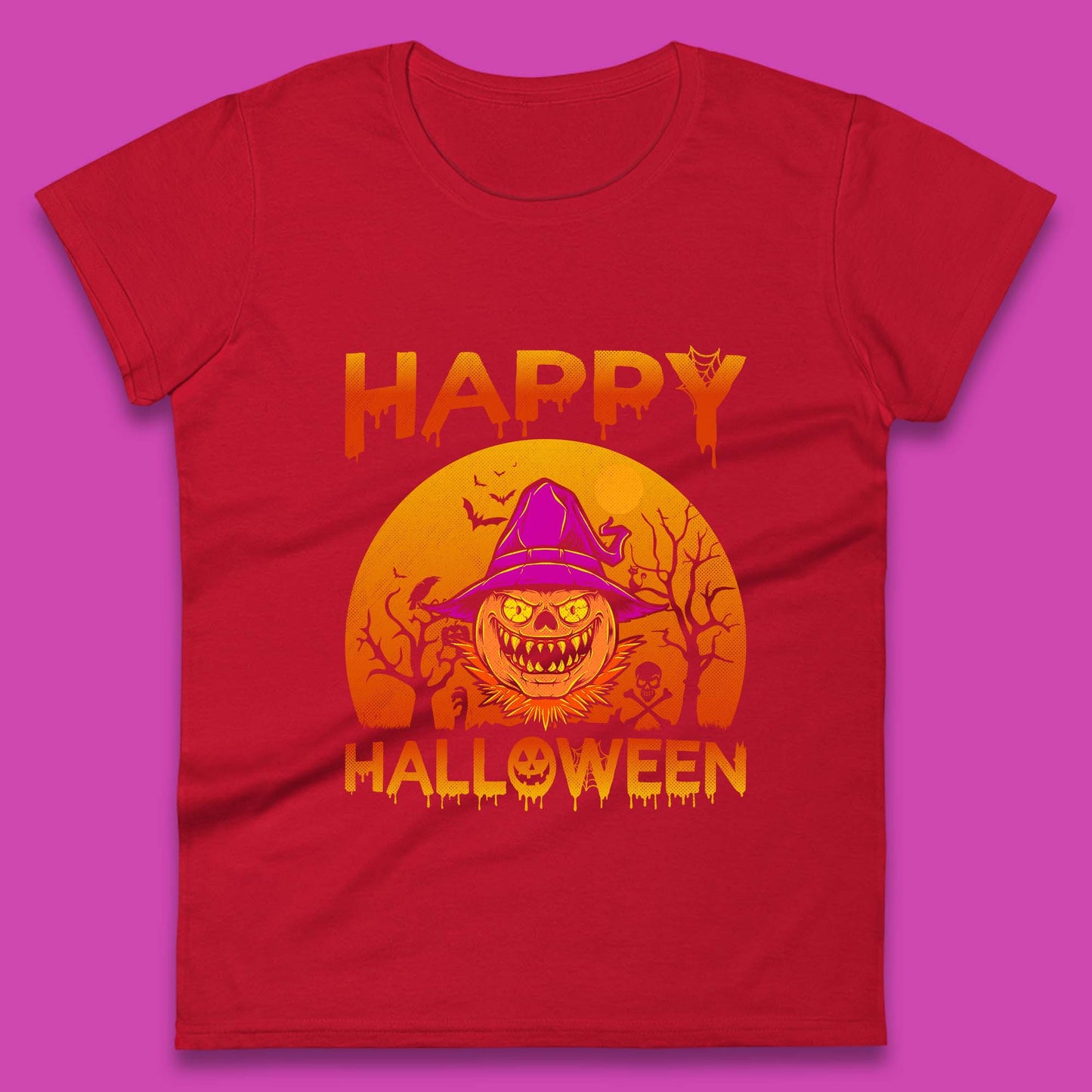 Happy Halloween Monster Pumpkin With Witch Hat Horror Scary Spooky Season Womens Tee Top