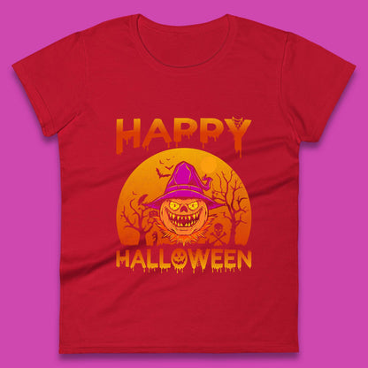 Happy Halloween Monster Pumpkin With Witch Hat Horror Scary Spooky Season Womens Tee Top