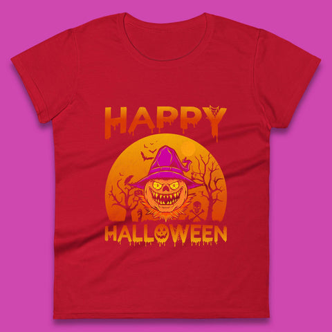 Happy Halloween Monster Pumpkin With Witch Hat Horror Scary Spooky Season Womens Tee Top