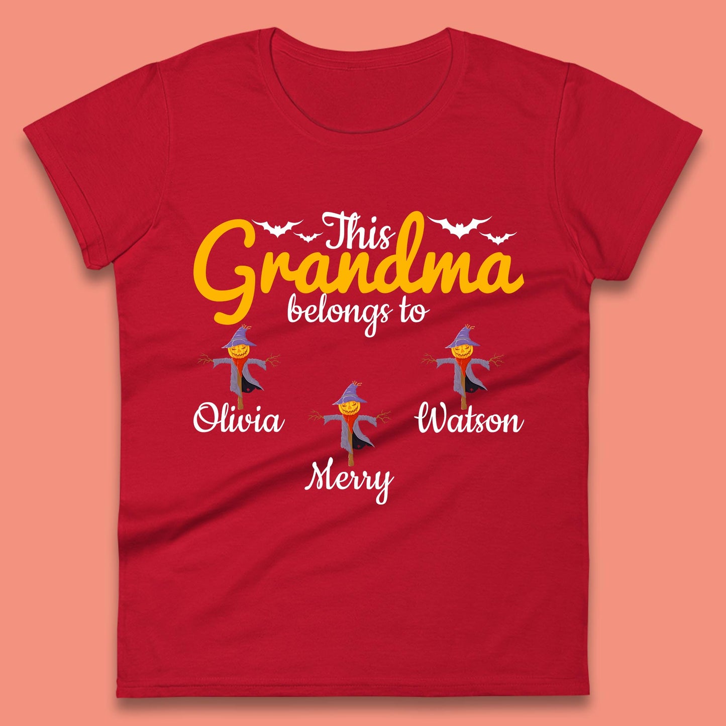 Personalised This Grandma Belongs To Your Name Halloween Grandma Scarecrow With Grandkid Names Gift Womens Tee Top