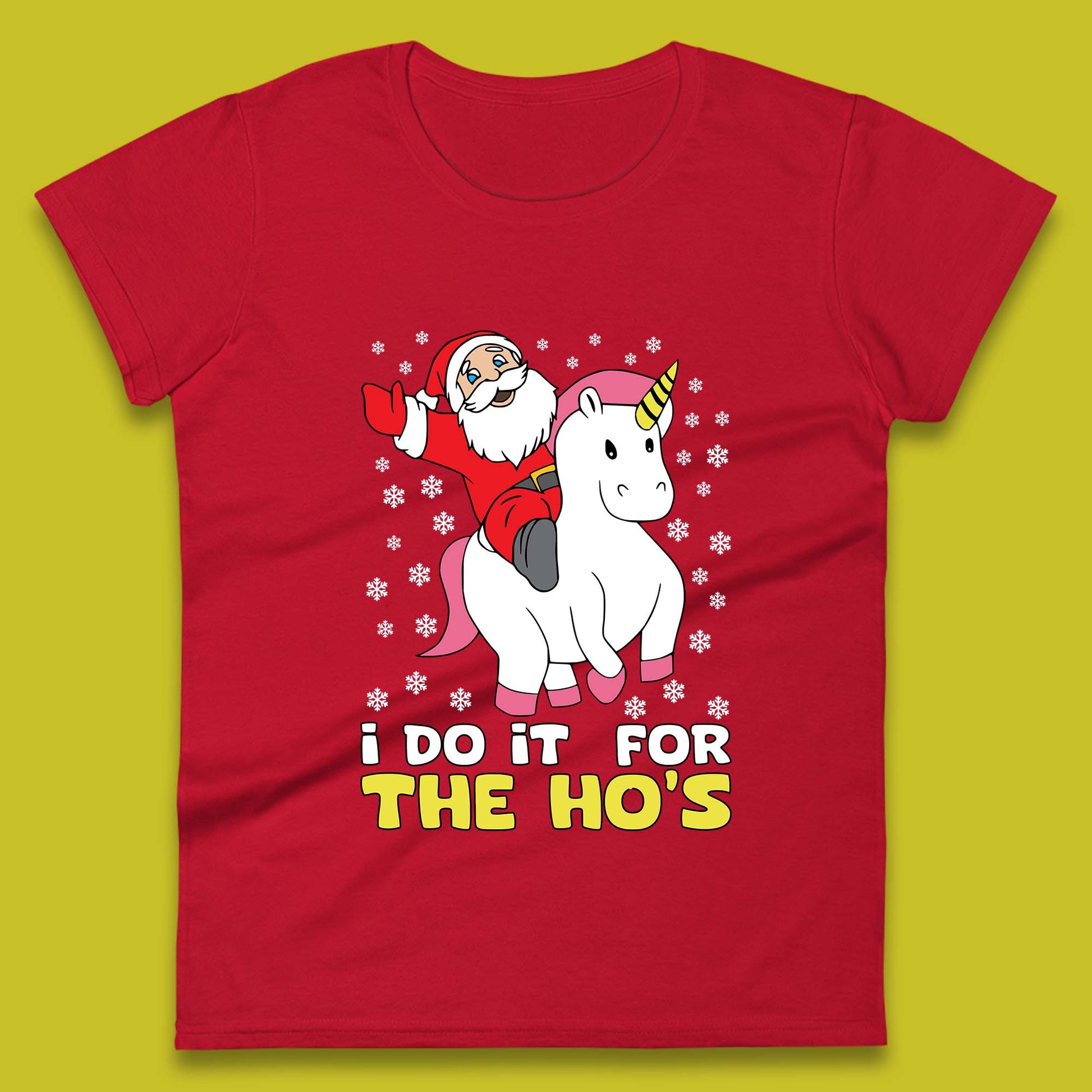santa riding unicorn womens t shirt