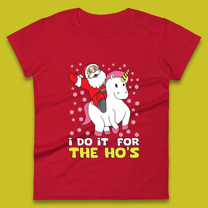 santa riding unicorn womens t shirt
