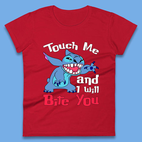 Disney Angry Stitch Cartoon Touch Me And I Will Bite You Lilo & Stitch Womens Tee Top