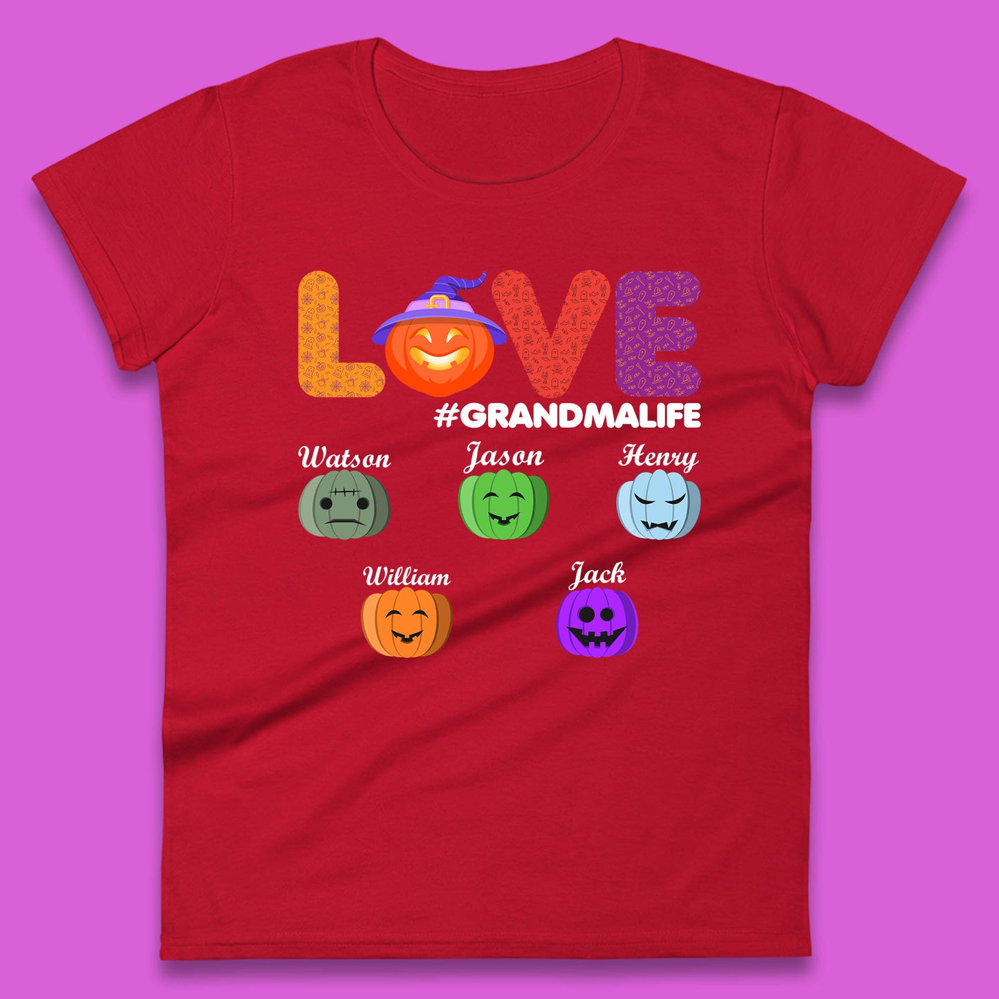 Personalised Love Grandma Life Your Name Halloween Grandma Witch Hat With Grandkids Names Womens Tee Top