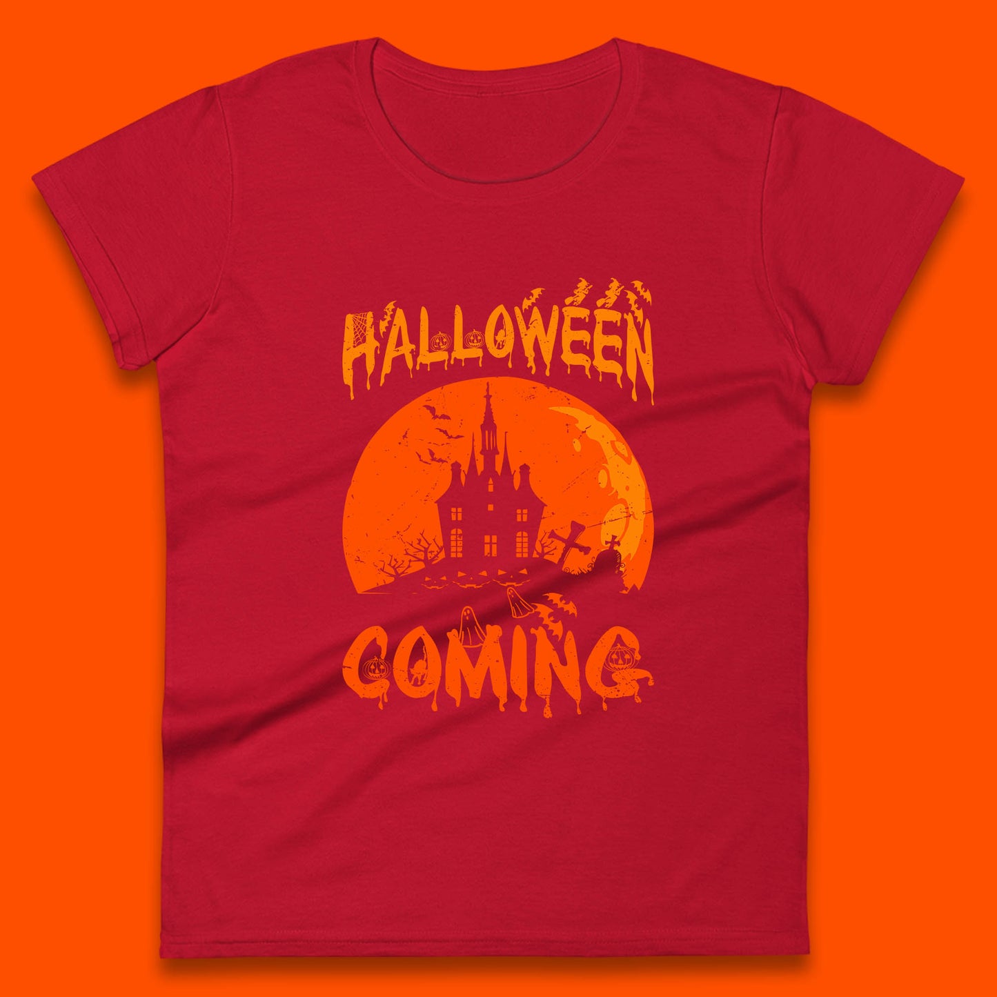 Halloween Coming Horror Scary Ghost Haunted House Spooky Season Womens Tee Top